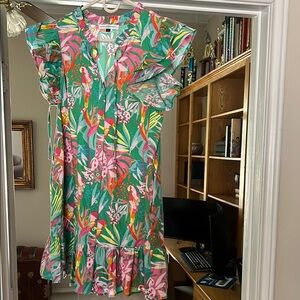 Green Pink V-Neck Flutter Sleeve Mini Dress